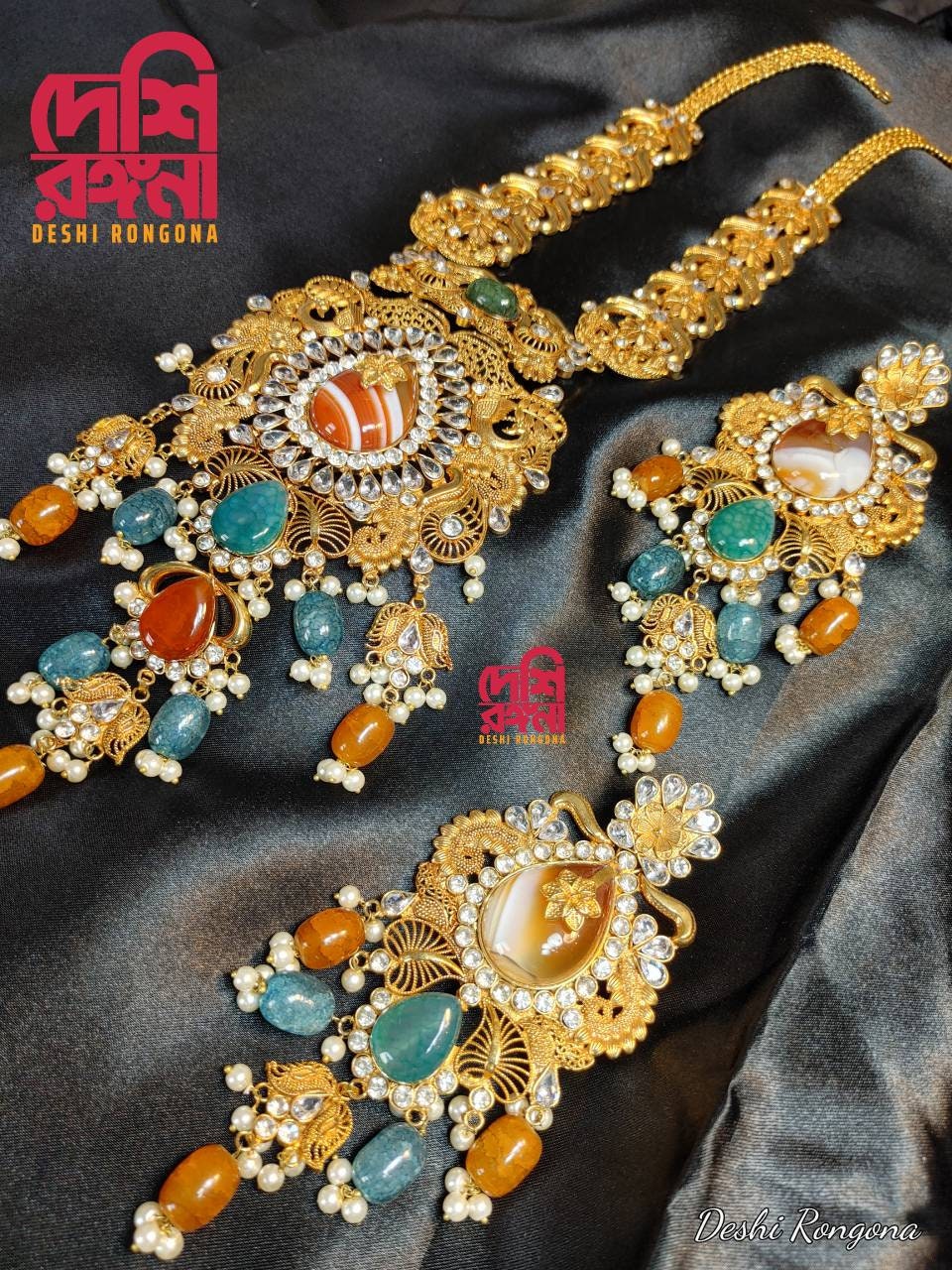 Extraordinary Bridal Necklace Set, 22K Gold Plated, Turquoise/Agate, Designer Wedding Jewelry, Indian, Pakistani, Sabyasachi Bollywood Style