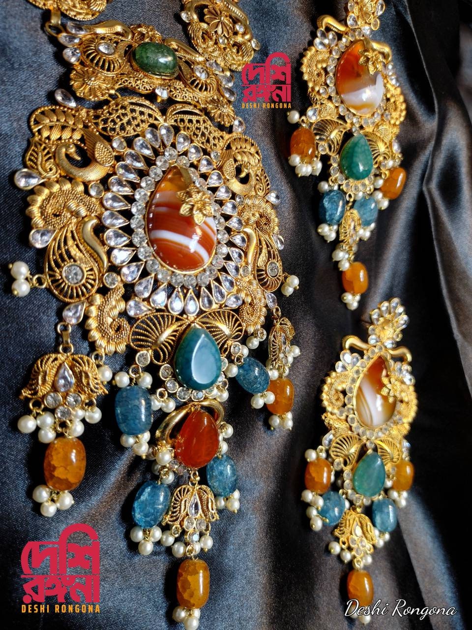 Extraordinary Bridal Necklace Set, 22K Gold Plated, Turquoise/Agate, Designer Wedding Jewelry, Indian, Pakistani, Sabyasachi Bollywood Style