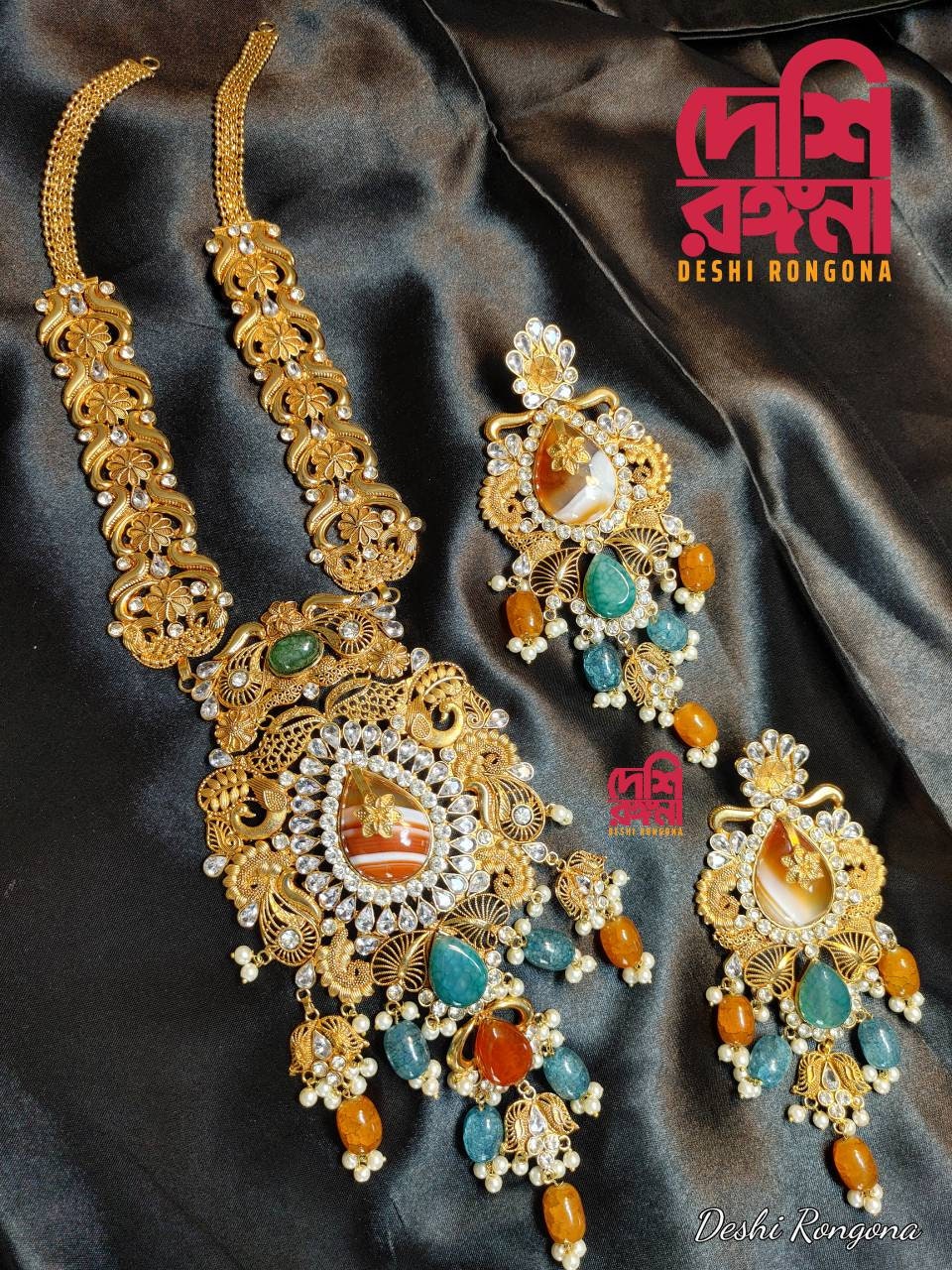 Extraordinary Bridal Necklace Set, 22K Gold Plated, Turquoise/Agate, Designer Wedding Jewelry, Indian, Pakistani, Sabyasachi Bollywood Style