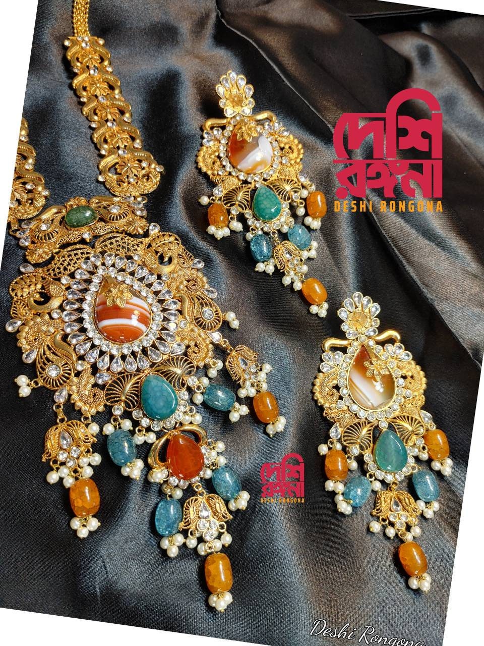 Extraordinary Bridal Necklace Set, 22K Gold Plated, Turquoise/Agate, Designer Wedding Jewelry, Indian, Pakistani, Sabyasachi Bollywood Style