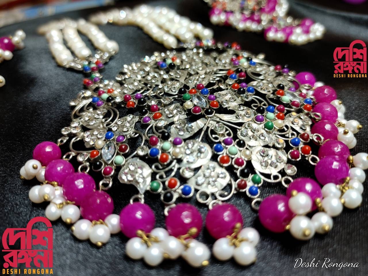 Exclusive Bridal Necklace Set, Designer Wedding Jewelry, Unpolished Natural Pearl,Silver Plated,Indian,Pakistani, Sabyasachi Bollywood Style