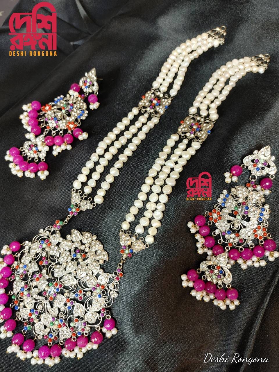 Exclusive Bridal Necklace Set, Designer Wedding Jewelry, Unpolished Natural Pearl,Silver Plated,Indian,Pakistani, Sabyasachi Bollywood Style