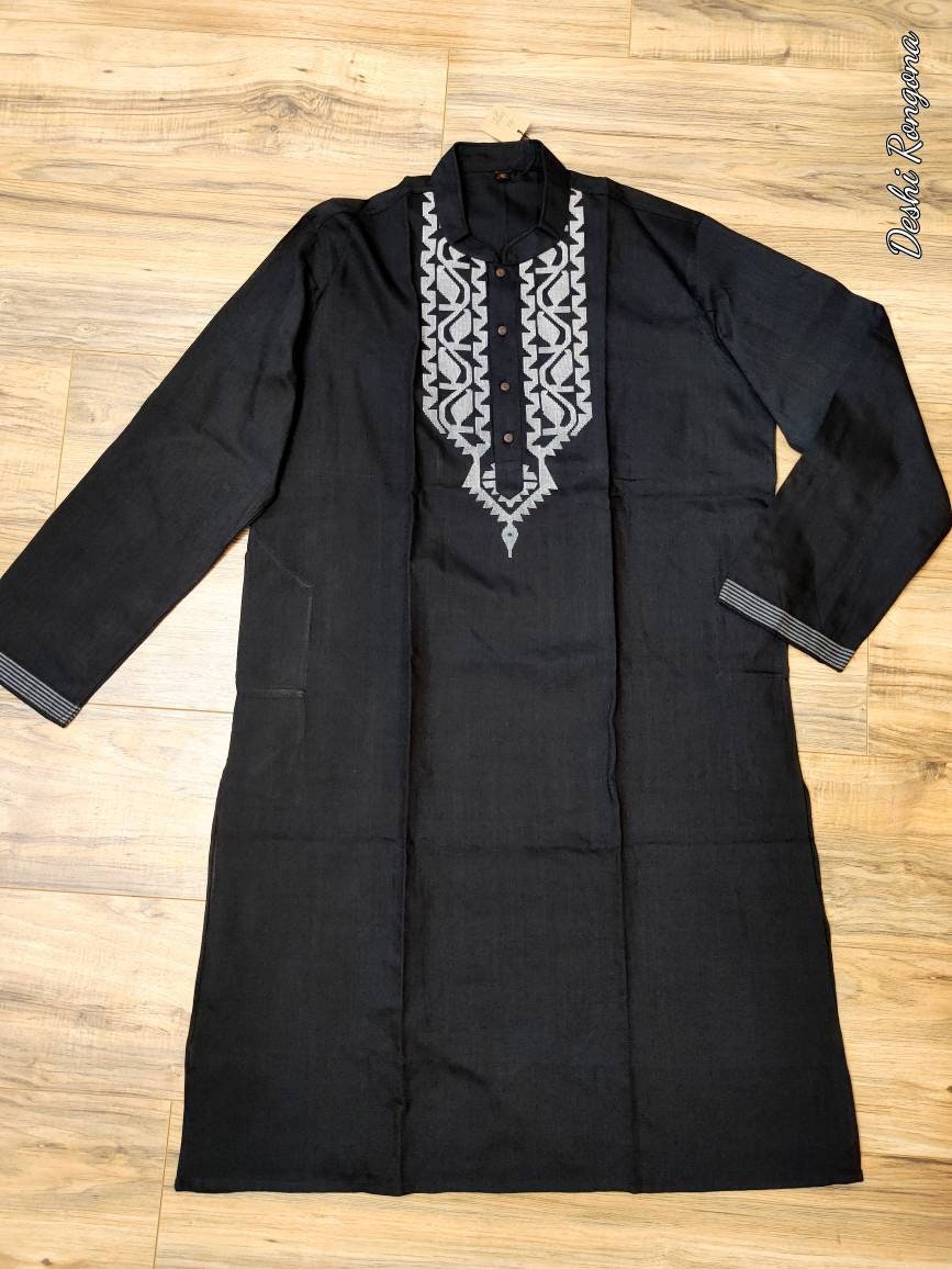 Original Dhakai Jamdani Silk Black Punjabi,with white thread work,Loose Fit,Comfortable, Elegant,Classy,Handmade from Scratch in Bangladesh