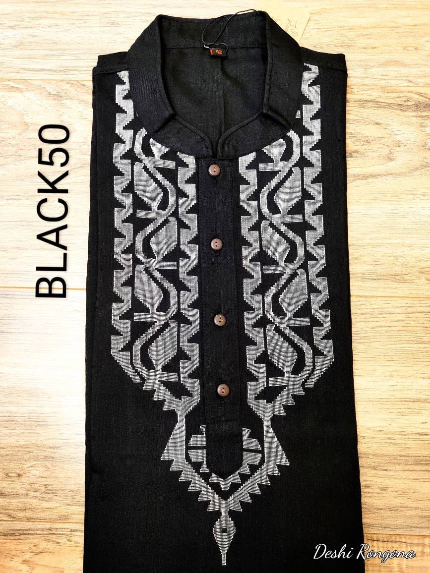 Original Dhakai Jamdani Silk Black Punjabi,with white thread work,Loose Fit,Comfortable, Elegant,Classy,Handmade from Scratch in Bangladesh