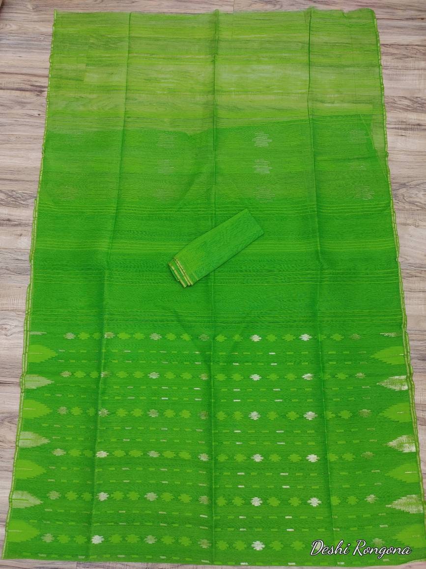 Original Dhakai Jamdani Green Saree, Beautiful Neon Green Shade Contrast, Bangladeshi Handloom Jamdani, 40 count, Traditional, Classy Saree