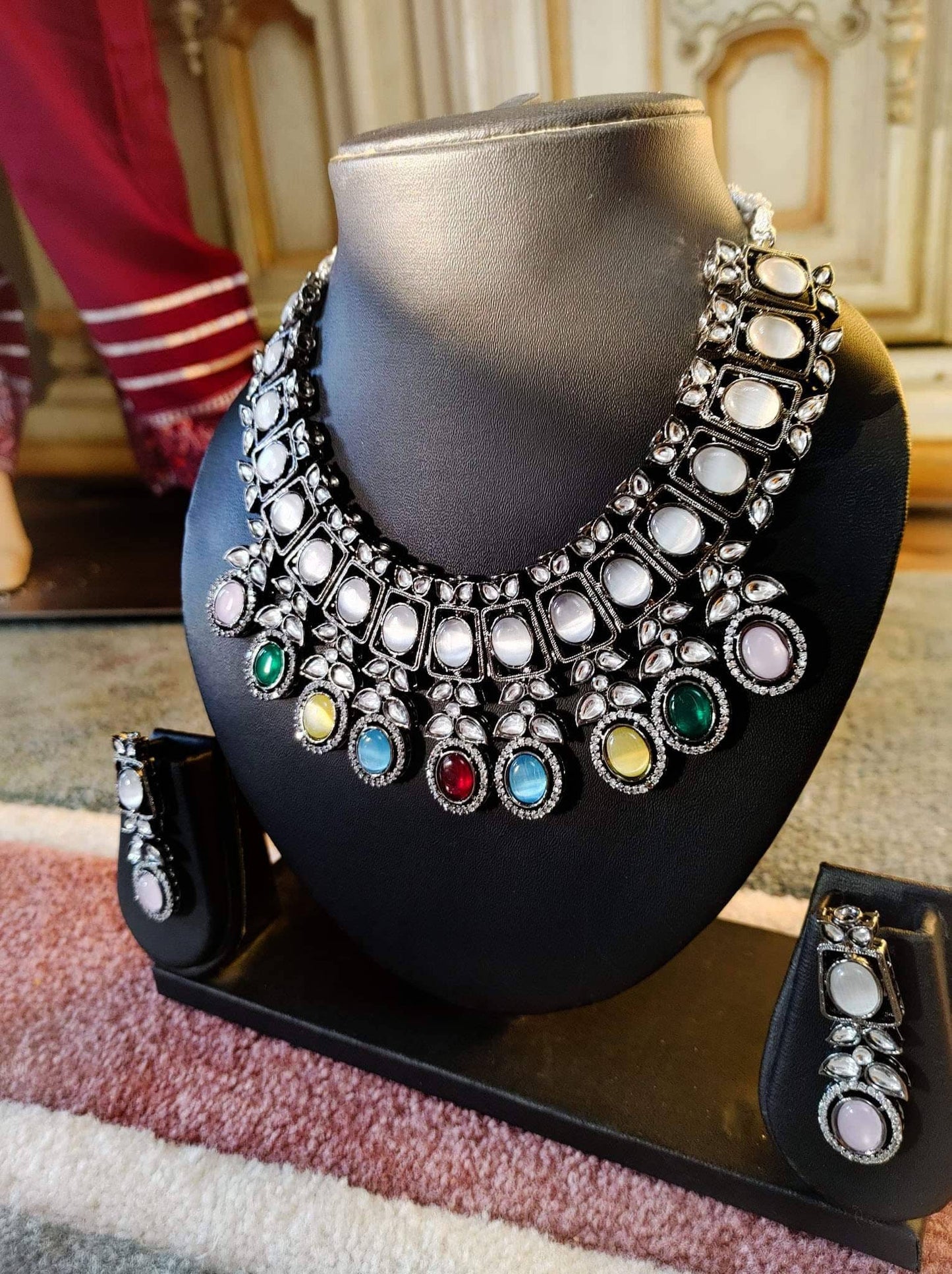 Victorian Kundan Necklace Set, Indian Wedding Necklace set, Gray AD stone, Crystal, Designer Antique Fashion, Traditional Wedding Jewellery