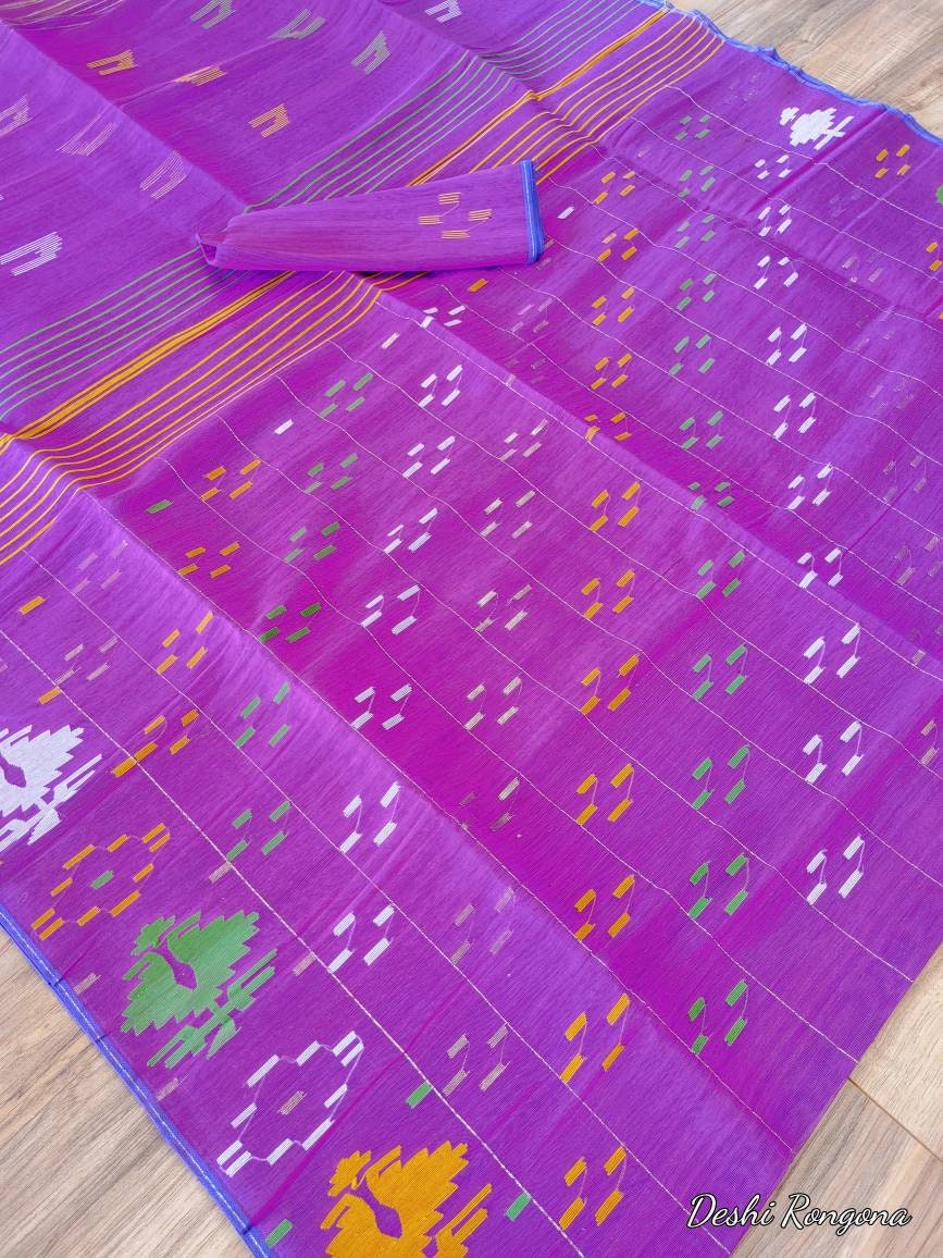 Original Dhakai Jamdani Purple Saree, Made in Bangladesh, Handwove Halfsilk, with blouse piece, beautiful White/Green/Yellow Flower work