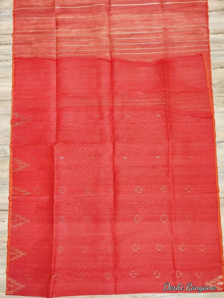 Bangladeshi Dhakai Jamdani Saree Beautiful Red With Golden work, Halfsilk, Handloom Jamdani 40 count, Traditional, Elegant, Classy Saree