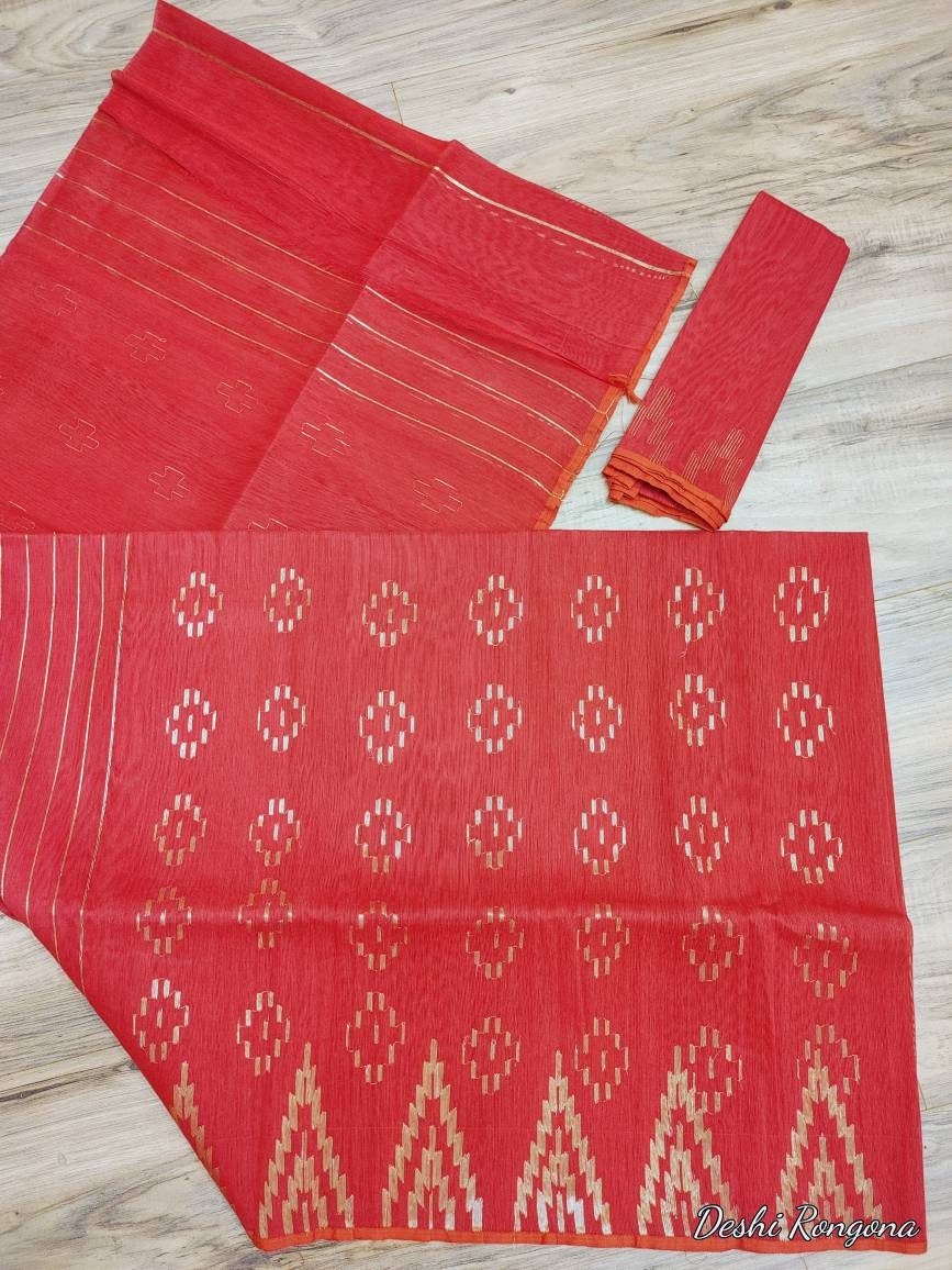 Bangladeshi Dhakai Jamdani Saree Beautiful Red With Golden work, Halfsilk, Handloom Jamdani 40 count, Traditional, Elegant, Classy Saree