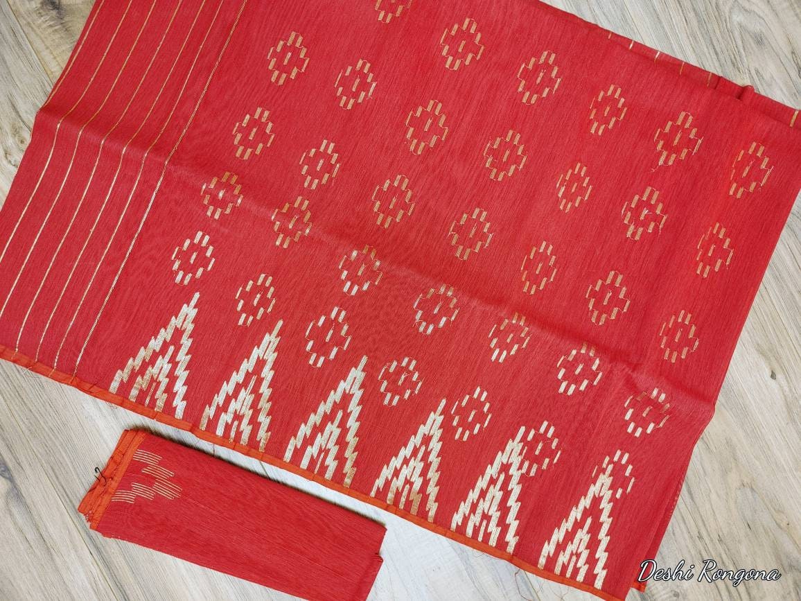 Bangladeshi Dhakai Jamdani Saree Beautiful Red With Golden work, Halfsilk, Handloom Jamdani 40 count, Traditional, Elegant, Classy Saree