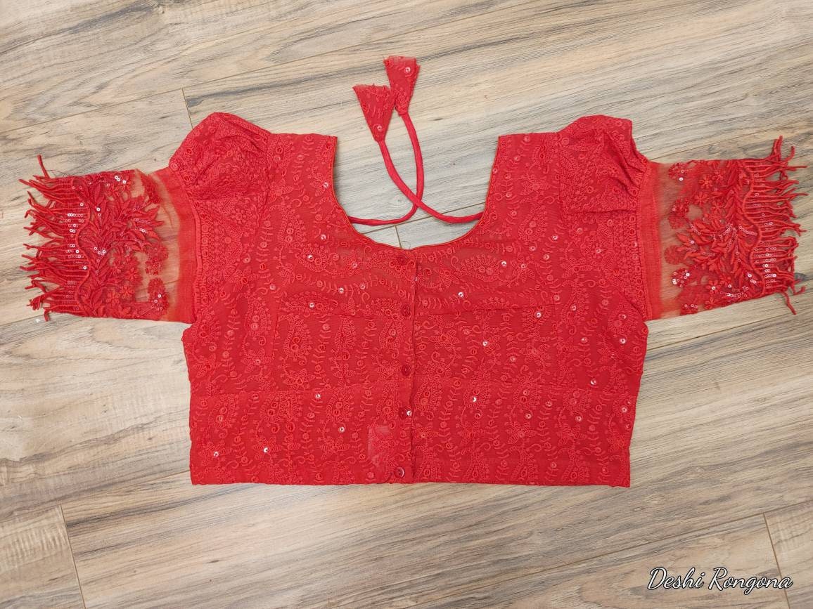 Red Readymade Blouse, Lakhnow Georgette Ready to wear Blouse, Fashionable, Trendy, Comfortable, goes well with any contrast saree collection