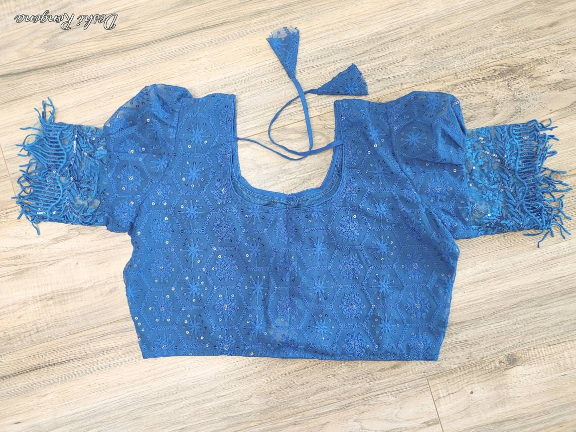 Ocean Blue Readymade Blouse, Lakhnow Georgette Cerulean Blouse, Fashionable, Trendy, Comfortable, goes with any contrast saree collection