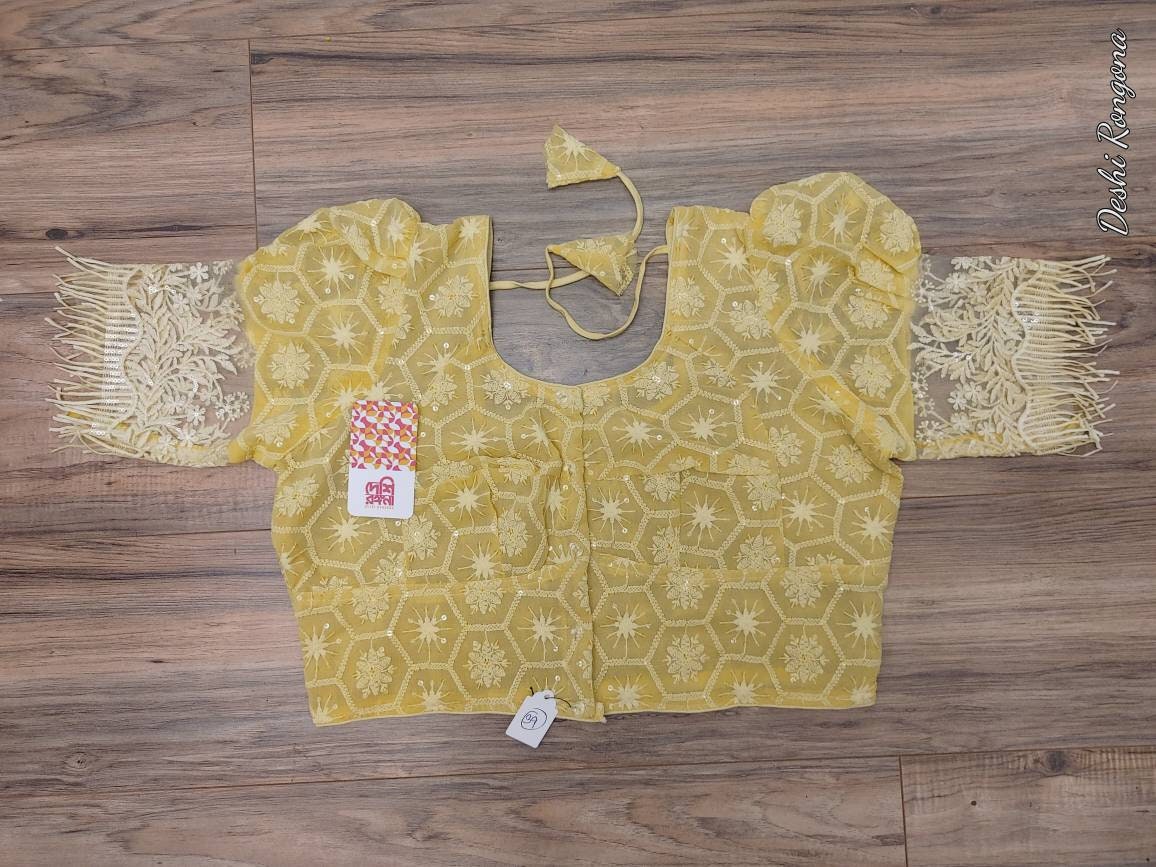 Beige Yellow Readymade Blouse, Lakhnow Georgette Ready Blouse, Fashionable, Trendy, Comfortable, goes with any contrast saree collection