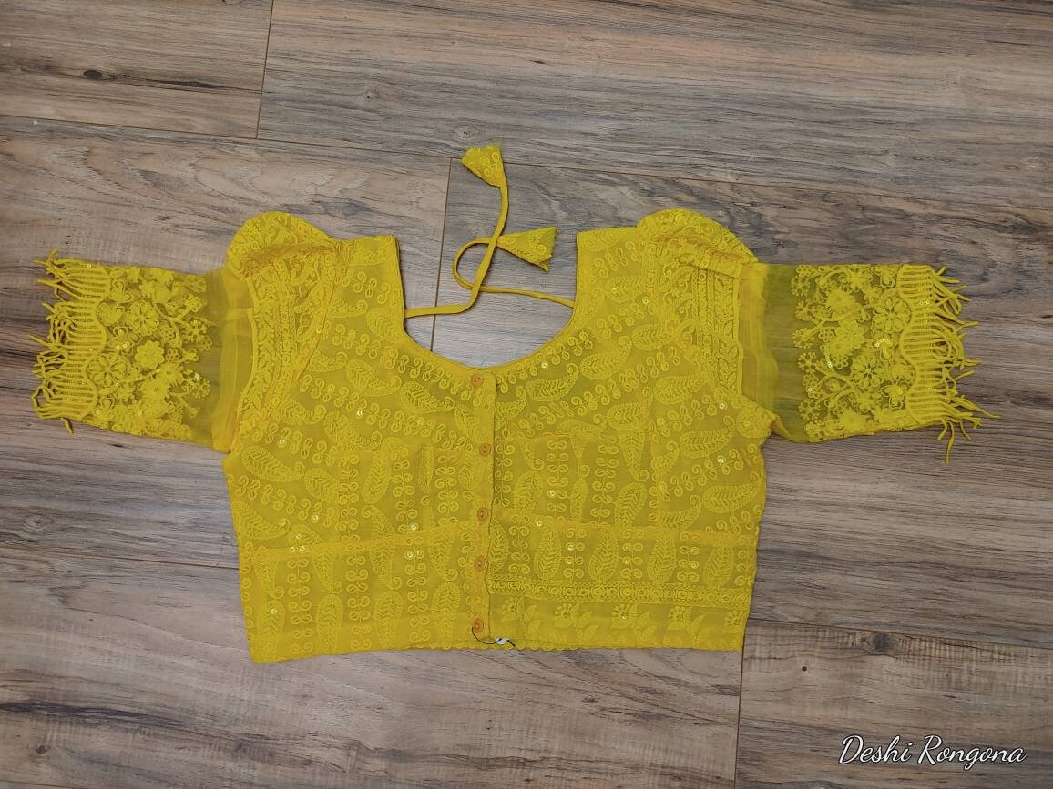 Yellow Readymade Blouse, Lakhnow Georgette Ready Blouse, Fashionable, Trendy, Comfortable, goes with any contrast saree collection