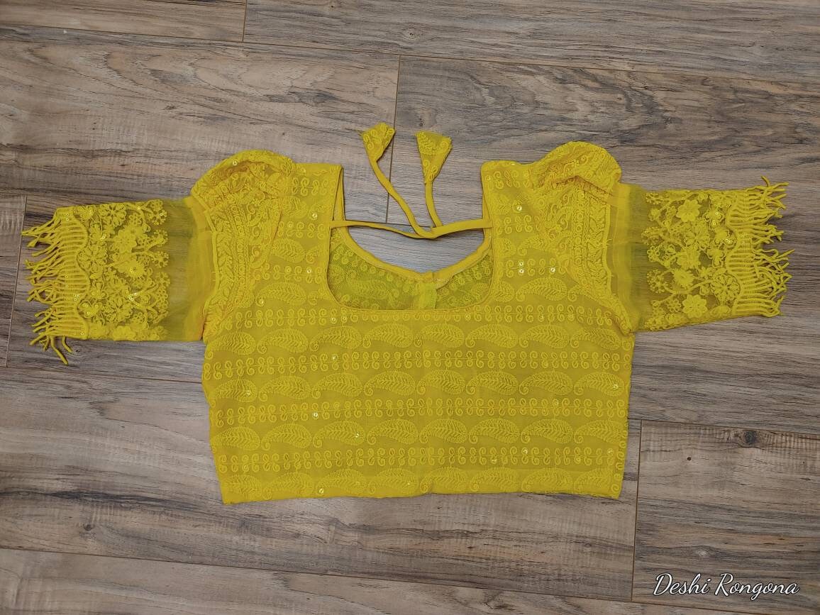 Yellow Readymade Blouse, Lakhnow Georgette Ready Blouse, Fashionable, Trendy, Comfortable, goes with any contrast saree collection