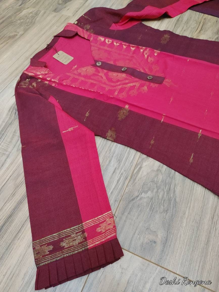 Original Dhakai Jamdani Cotton 3 pieces, Red-Maroon Dress, Handwoven,Soft,Comfortable Summer Wear, Kamij/Pant/Dupatta Handmade in Bangladesh