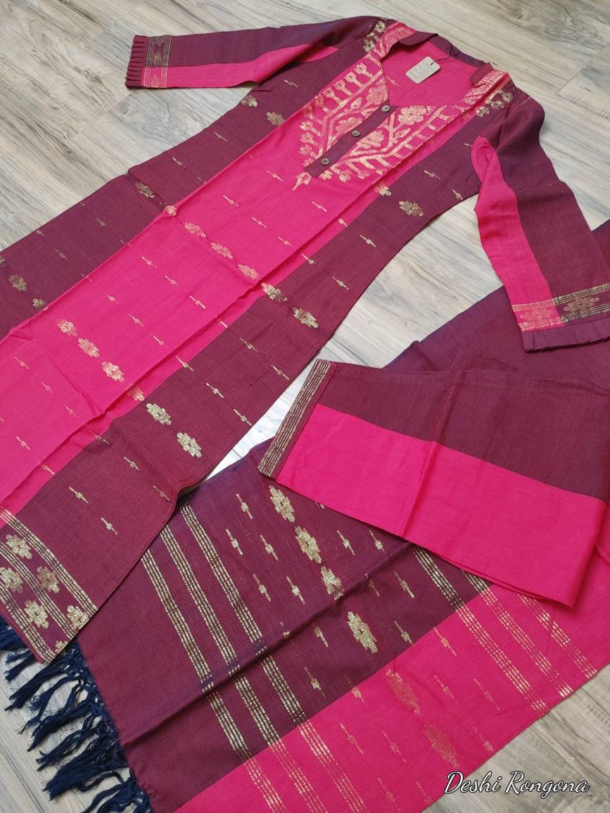 Original Dhakai Jamdani Cotton 3 pieces, Red-Maroon Dress, Handwoven,Soft,Comfortable Summer Wear, Kamij/Pant/Dupatta Handmade in Bangladesh