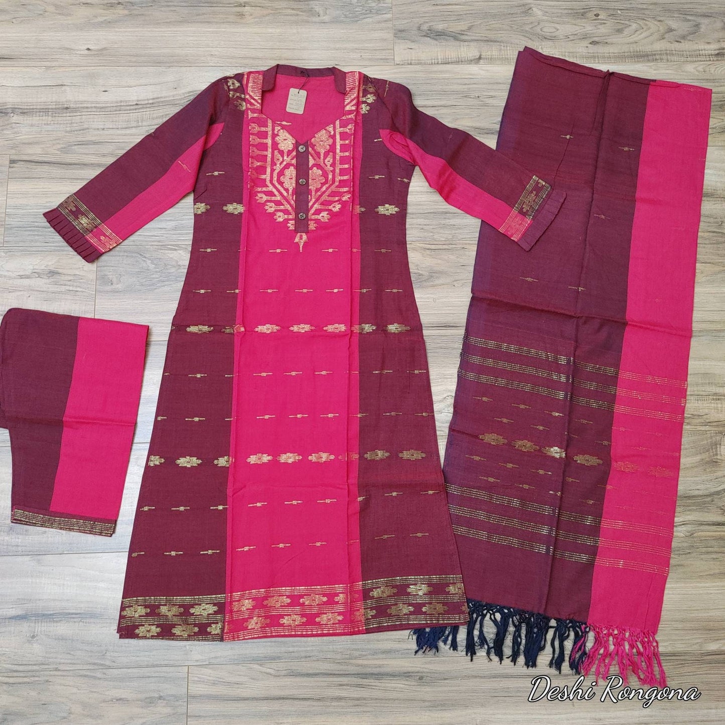 Original Dhakai Jamdani Cotton 3 pieces, Red-Maroon Dress, Handwoven,Soft,Comfortable Summer Wear, Kamij/Pant/Dupatta Handmade in Bangladesh