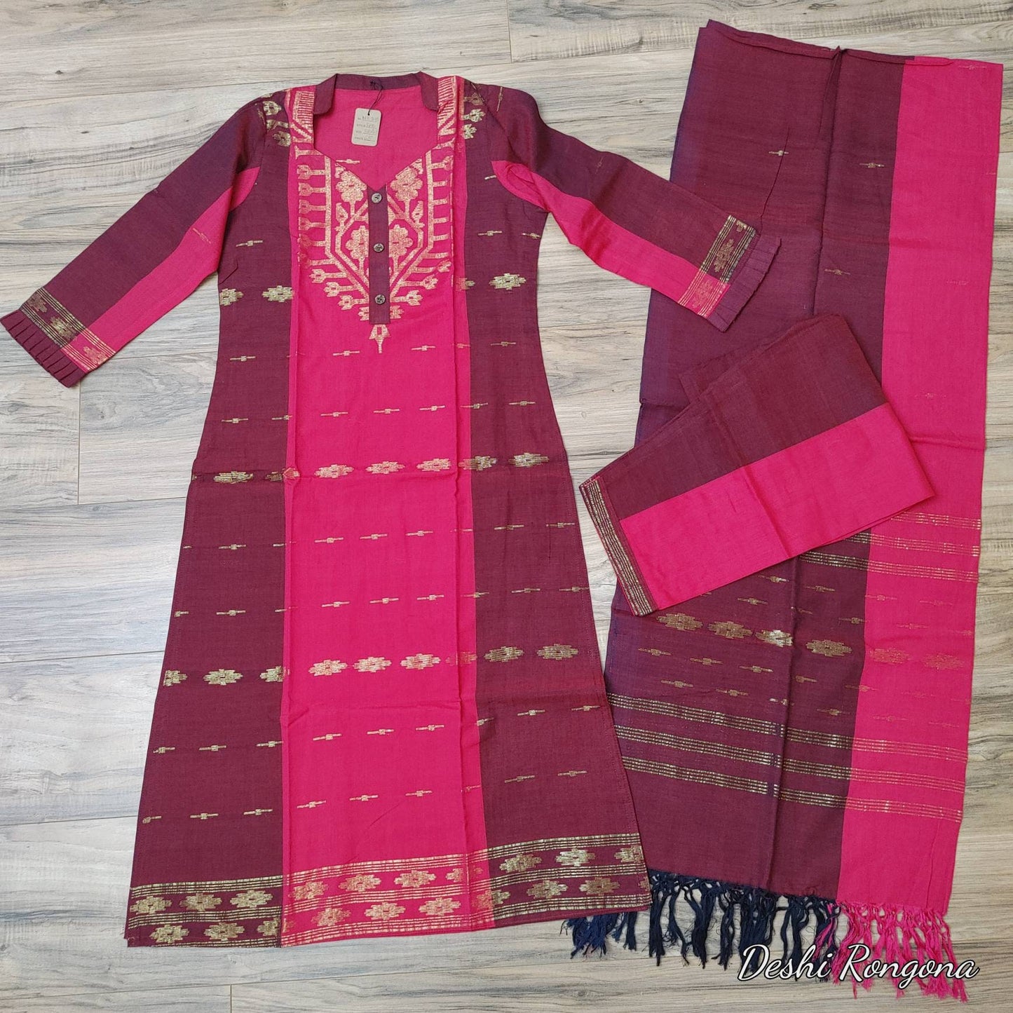 Original Dhakai Jamdani Cotton 3 pieces, Red-Maroon Dress, Handwoven,Soft,Comfortable Summer Wear, Kamij/Pant/Dupatta Handmade in Bangladesh