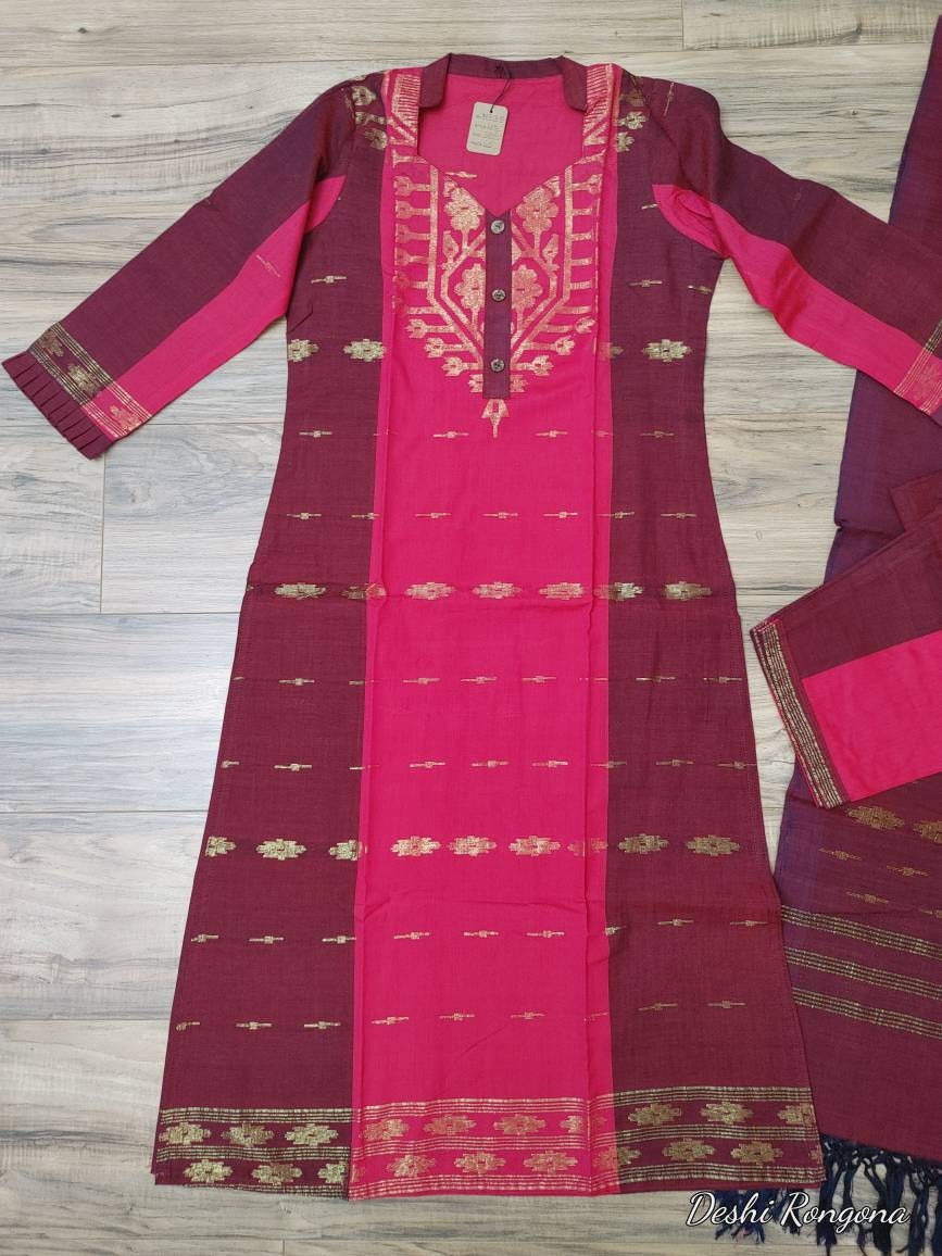 Original Dhakai Jamdani Cotton 3 pieces, Red-Maroon Dress, Handwoven,Soft,Comfortable Summer Wear, Kamij/Pant/Dupatta Handmade in Bangladesh
