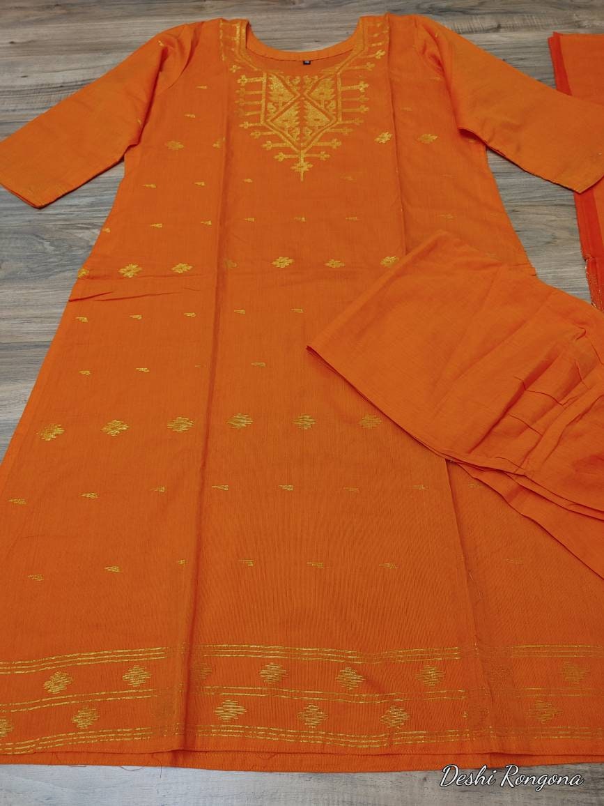 Oversize Handloom Dhakai Jamdani Cotton 3 piece, Orange with Golden Zari, Comfortable Summer Wear, Kamij-Dupatta-Salwar, Made in Bangladesh