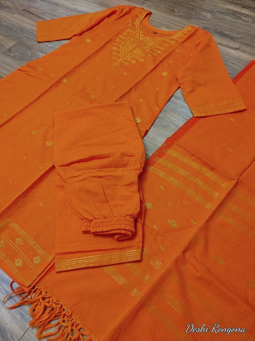 Oversize Handloom Dhakai Jamdani Cotton 3 piece, Orange with Golden Zari, Comfortable Summer Wear, Kamij-Dupatta-Salwar, Made in Bangladesh