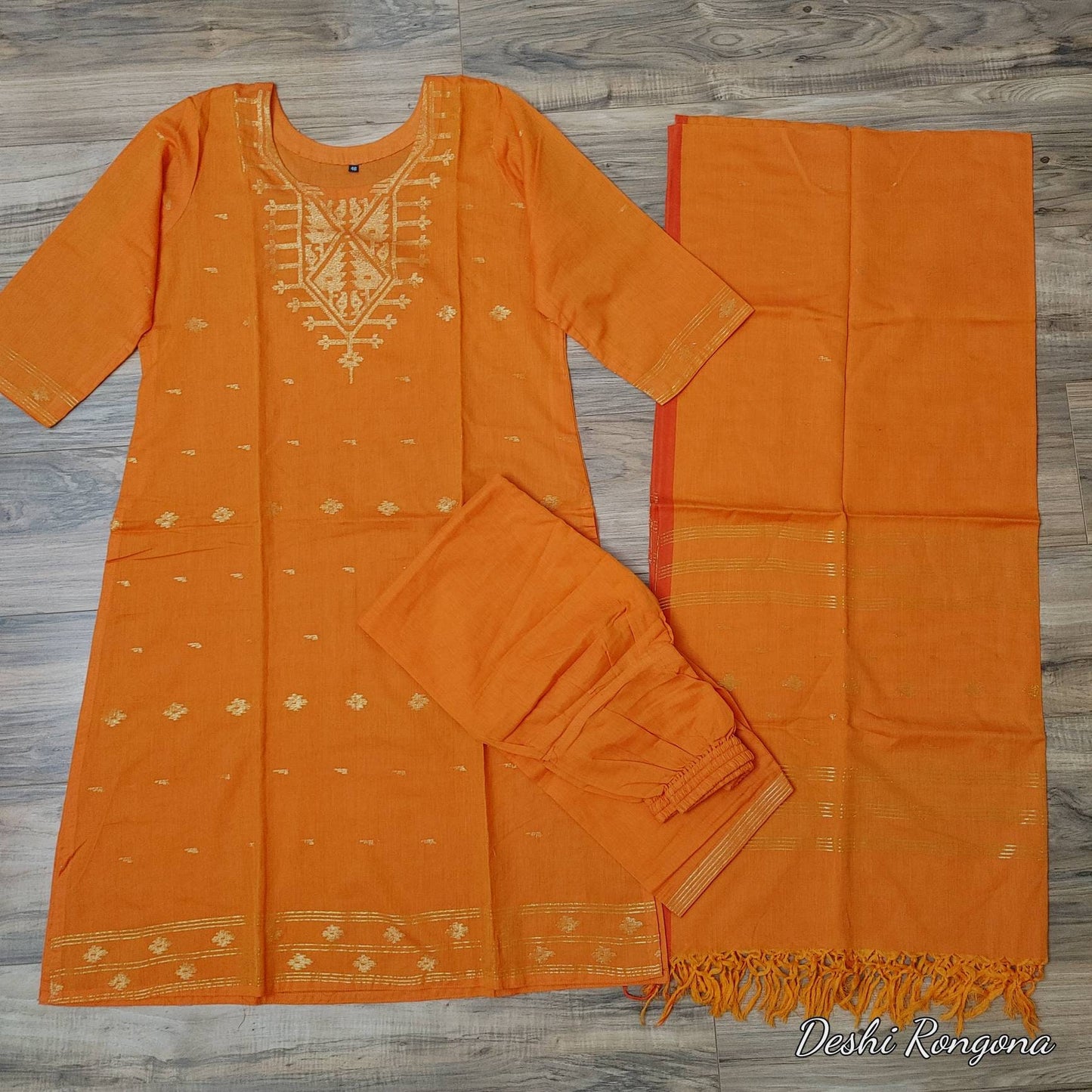 Oversize Handloom Dhakai Jamdani Cotton 3 piece, Orange with Golden Zari, Comfortable Summer Wear, Kamij-Dupatta-Salwar, Made in Bangladesh