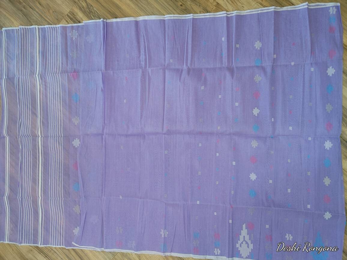 Original Dhakai Jamdani Lavender/Magenta Halfsilk Saree, Made in Bangladesh,with blouse piece, beautiful Blue/Magenta/white Contrast work