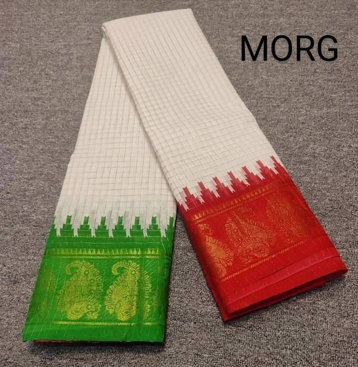 Madurai Cotton Saree, Off White With Green/Red Ganga Jamuna Border, Beautiful white body with check Jari, Perfect Party wear, Puja Saee