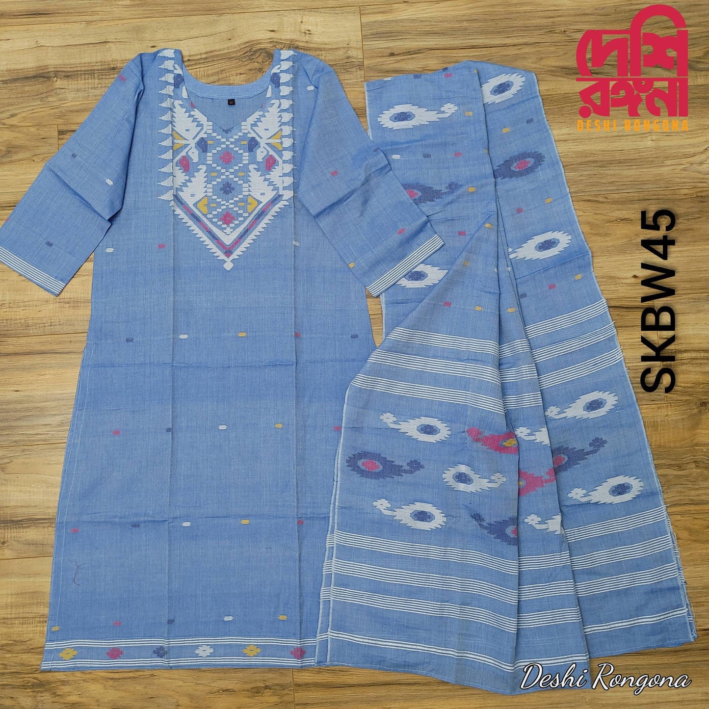 Handwoven Sky Blue Dhakai Jamdani Cotton 3-Piece Set