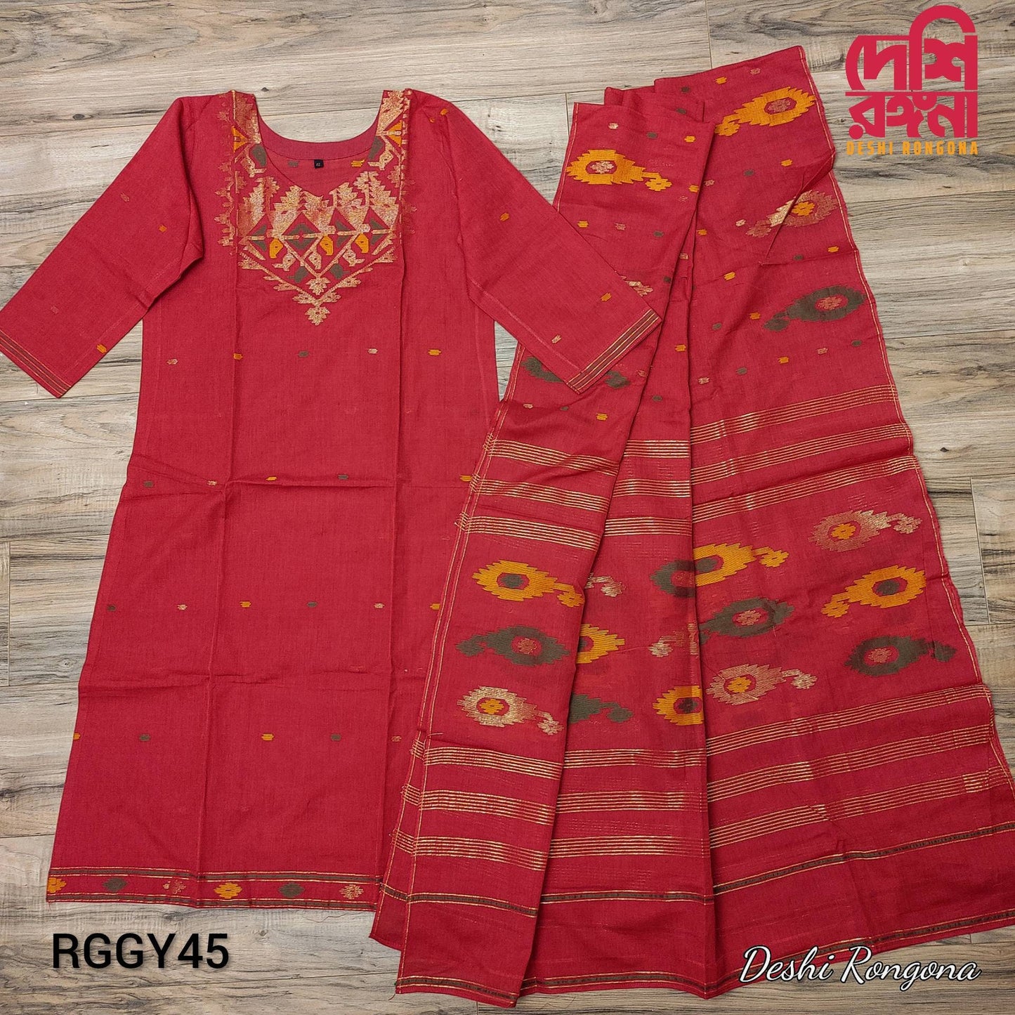 Exclusive Handloom Dhakai Jamdani Cotton 2 piece, Golden and Red Combination, Soft, Comfortable Summer Wear. Kamij and Dupatta