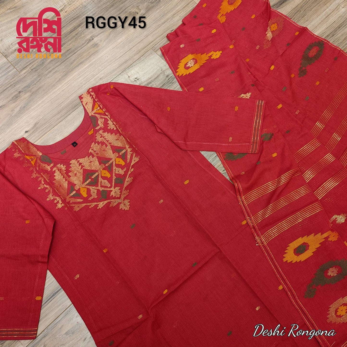Exclusive Handloom Dhakai Jamdani Cotton 2 piece, Golden and Red Combination, Soft, Comfortable Summer Wear. Kamij and Dupatta