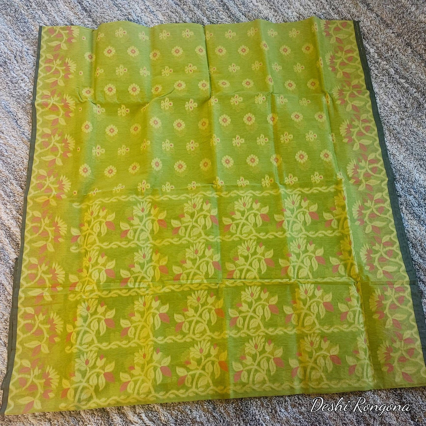 Tangail Tantuja Semi Muslin-Cotton Saree, Beautiful Olive with Magenta-Golden Thread Work, Handwoven Elegant, Made in Tangail,Bangladesh