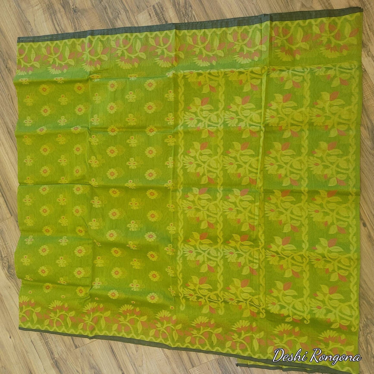 Tangail Tantuja Semi Muslin-Cotton Saree, Beautiful Olive with Magenta-Golden Thread Work, Handwoven Elegant, Made in Tangail,Bangladesh
