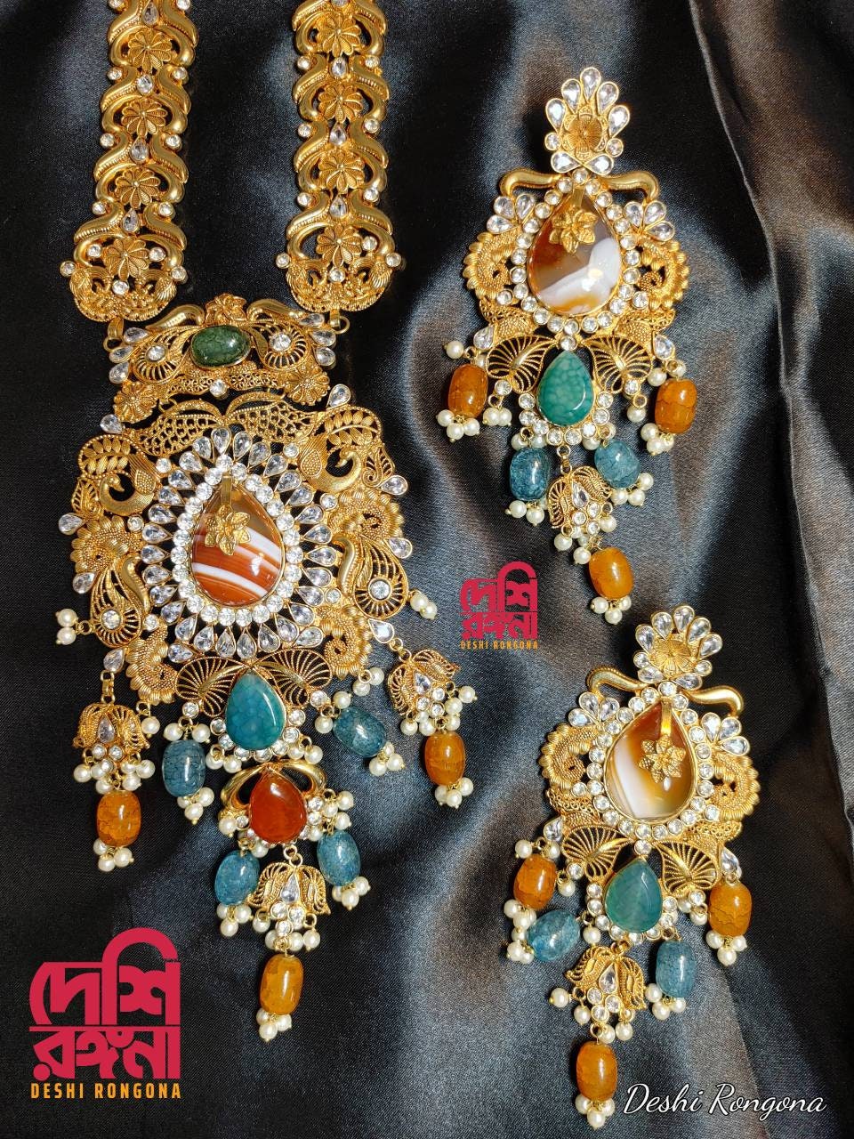 Extraordinary Bridal Necklace Set, 22K Gold Plated, Turquoise/Agate, Designer Wedding Jewelry, Indian, Pakistani, Sabyasachi Bollywood Style