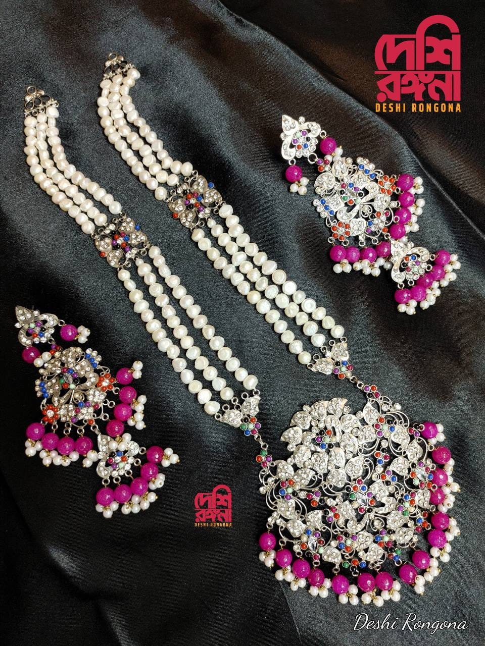 Exclusive Bridal Necklace Set, Designer Wedding Jewelry, Unpolished Natural Pearl,Silver Plated,Indian,Pakistani, Sabyasachi Bollywood Style