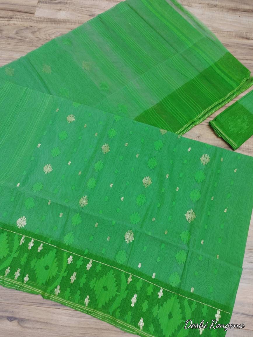 Original Dhakai Jamdani Green Saree, Beautiful Spring Green Shade Contrast, Bangladeshi Handloom Jamdani 40 count, Traditional, Classy Saree