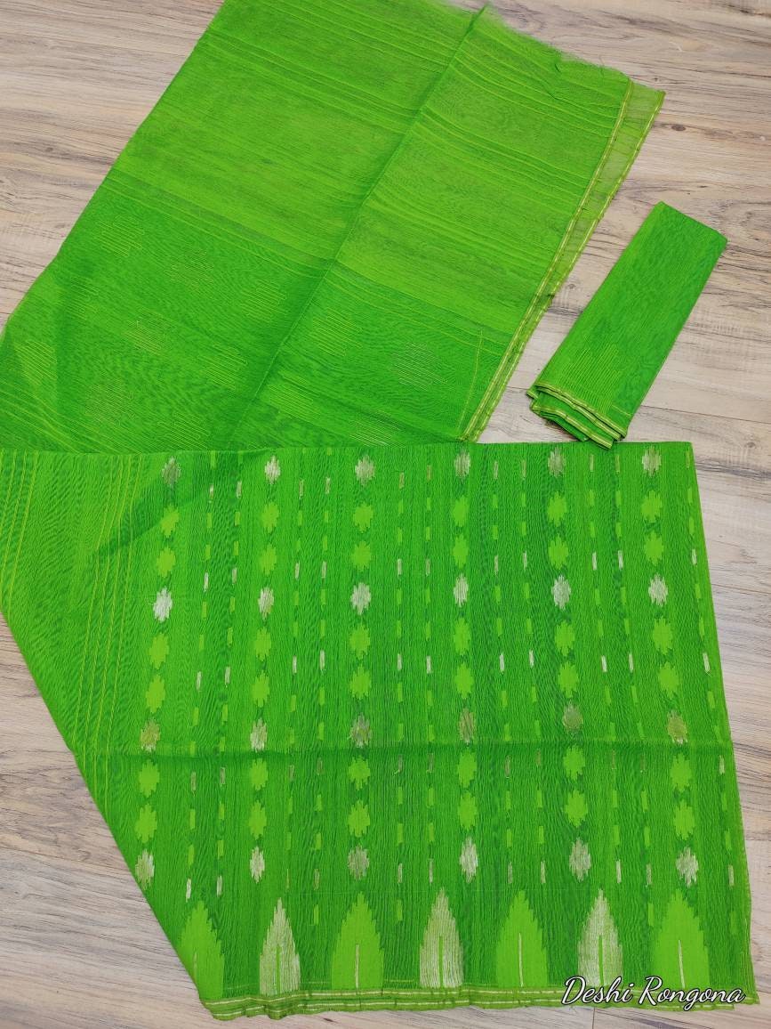 Original Dhakai Jamdani Green Saree, Beautiful Neon Green Shade Contrast, Bangladeshi Handloom Jamdani, 40 count, Traditional, Classy Saree