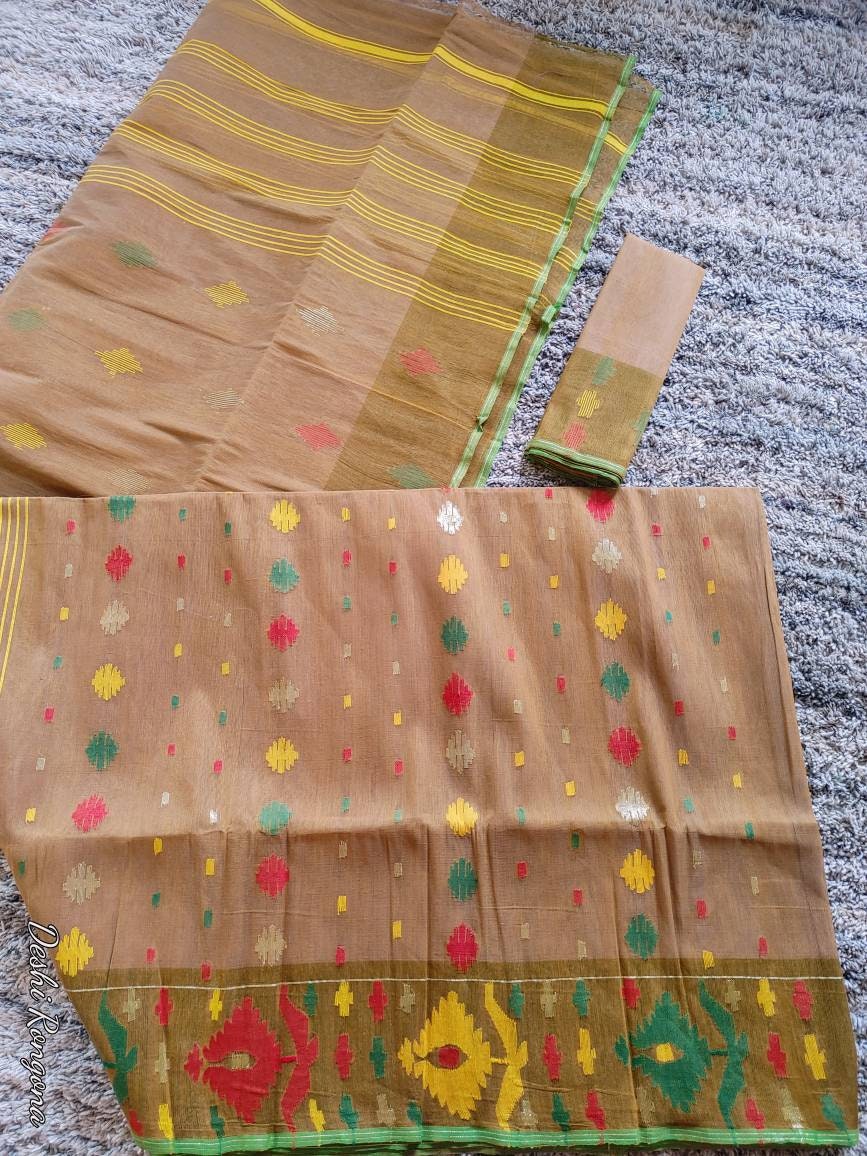 Original Dhakai Jamdani Saree, Beautiful Deep Brown Saree with Multi Thread work,Handloom,Halfsilk,40 count, Traditional, Classy Party Saree