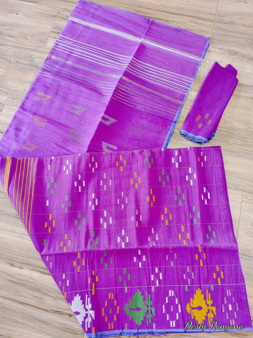 Original Dhakai Jamdani Purple Saree, Made in Bangladesh, Handwove Halfsilk, with blouse piece, beautiful White/Green/Yellow Flower work