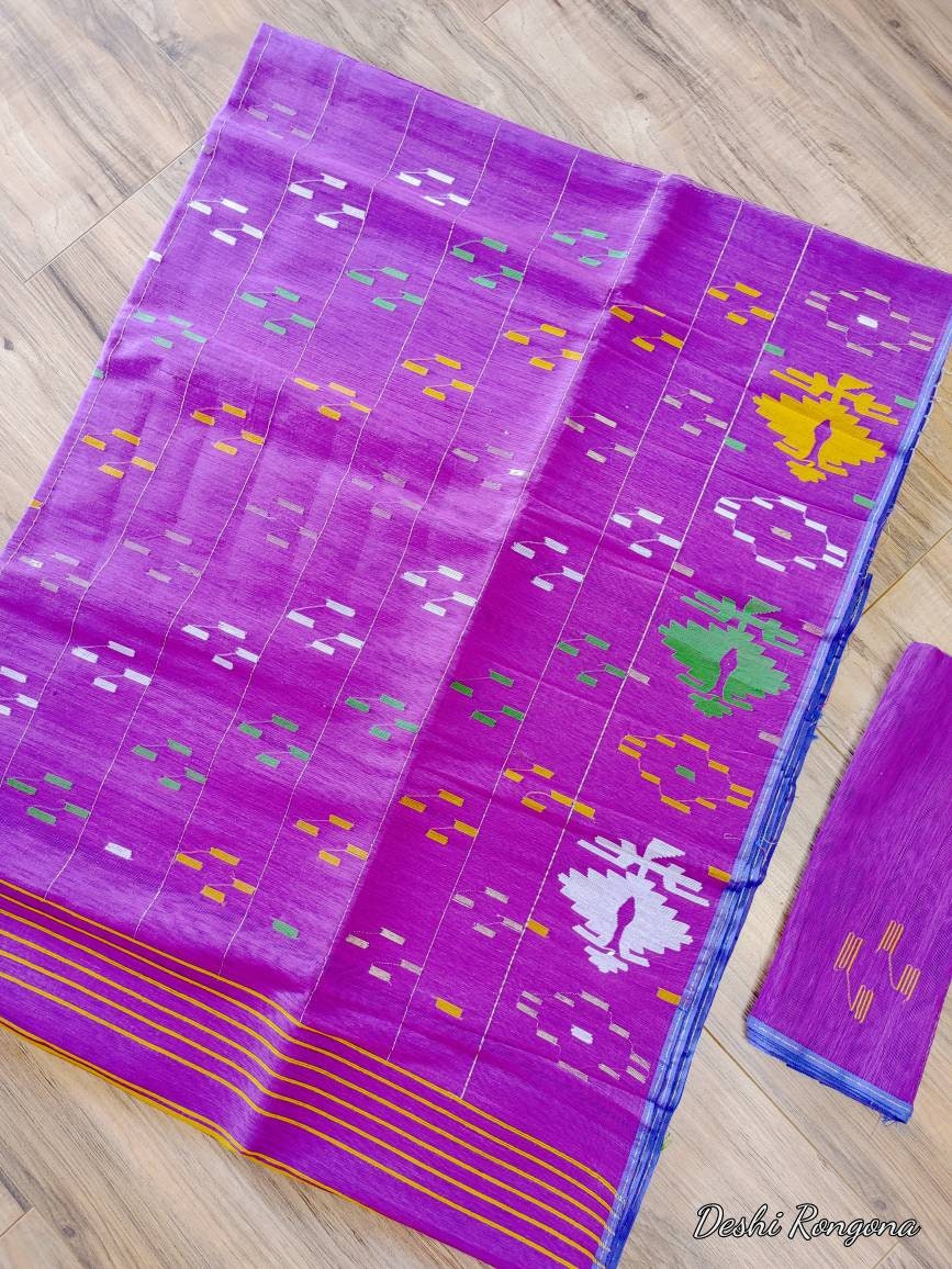 Original Dhakai Jamdani Purple Saree, Made in Bangladesh, Handwove Halfsilk, with blouse piece, beautiful White/Green/Yellow Flower work