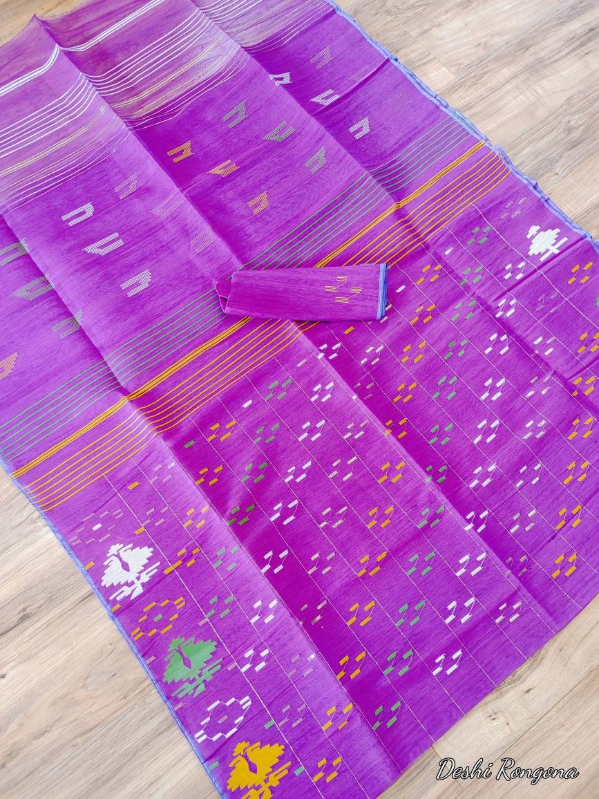Original Dhakai Jamdani Purple Saree, Made in Bangladesh, Handwove Halfsilk, with blouse piece, beautiful White/Green/Yellow Flower work