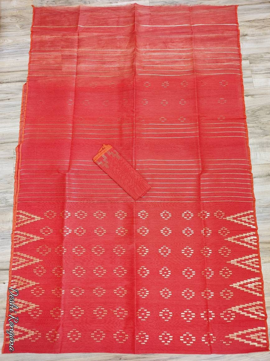 Bangladeshi Dhakai Jamdani Saree Beautiful Red With Golden work, Halfsilk, Handloom Jamdani 40 count, Traditional, Elegant, Classy Saree