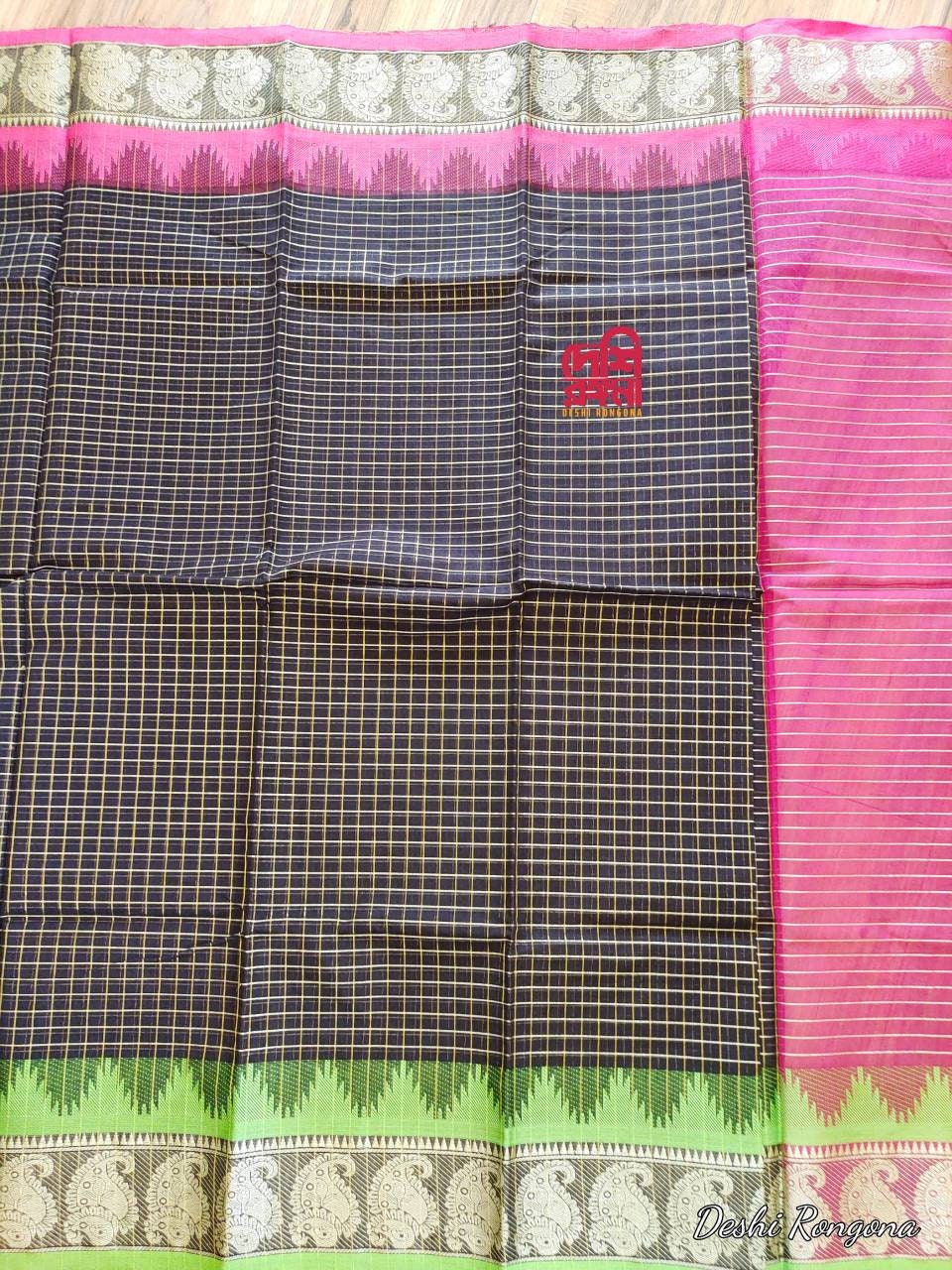 Halfsilk Madurai Saree, Beautiful Black Body with Jari check and Magenta/Green Ganga-Jamuna Border. Perfect Party wear