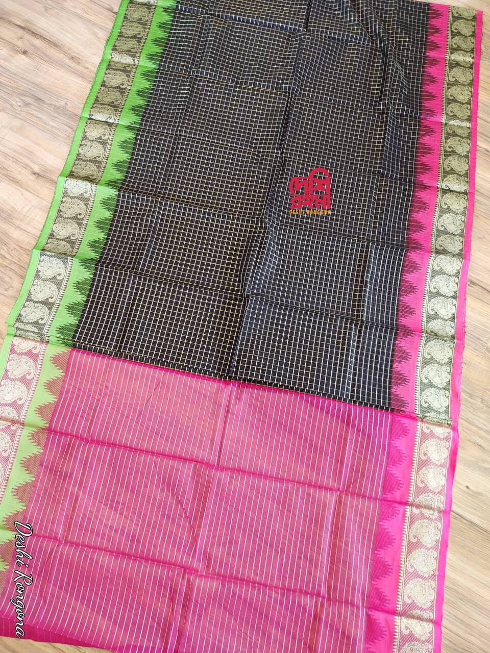 Halfsilk Madurai Saree, Beautiful Black Body with Jari check and Magenta/Green Ganga-Jamuna Border. Perfect Party wear