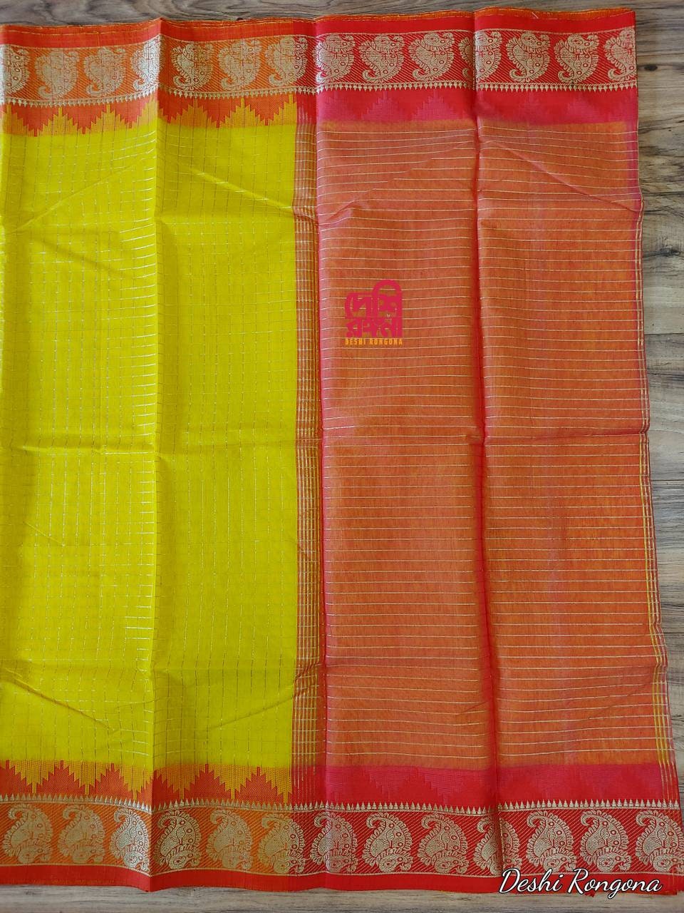 Halfsilk Madurai Saree, Beautiful Yellow body with Jari Check and Red Border with Golden Jari Kolki work. Perfect Party wear.