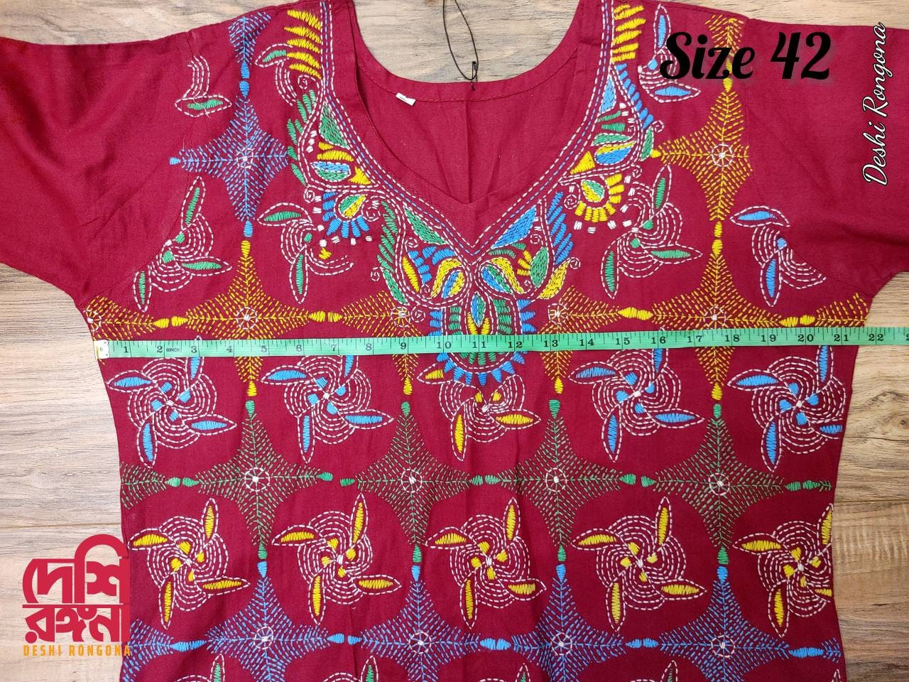 Maroon Kurti, Size 42, Hand Kantha Stitched Viva Cotton Kurti, Beautiful Handstitched with multi color thread, Rare collection of Crafts