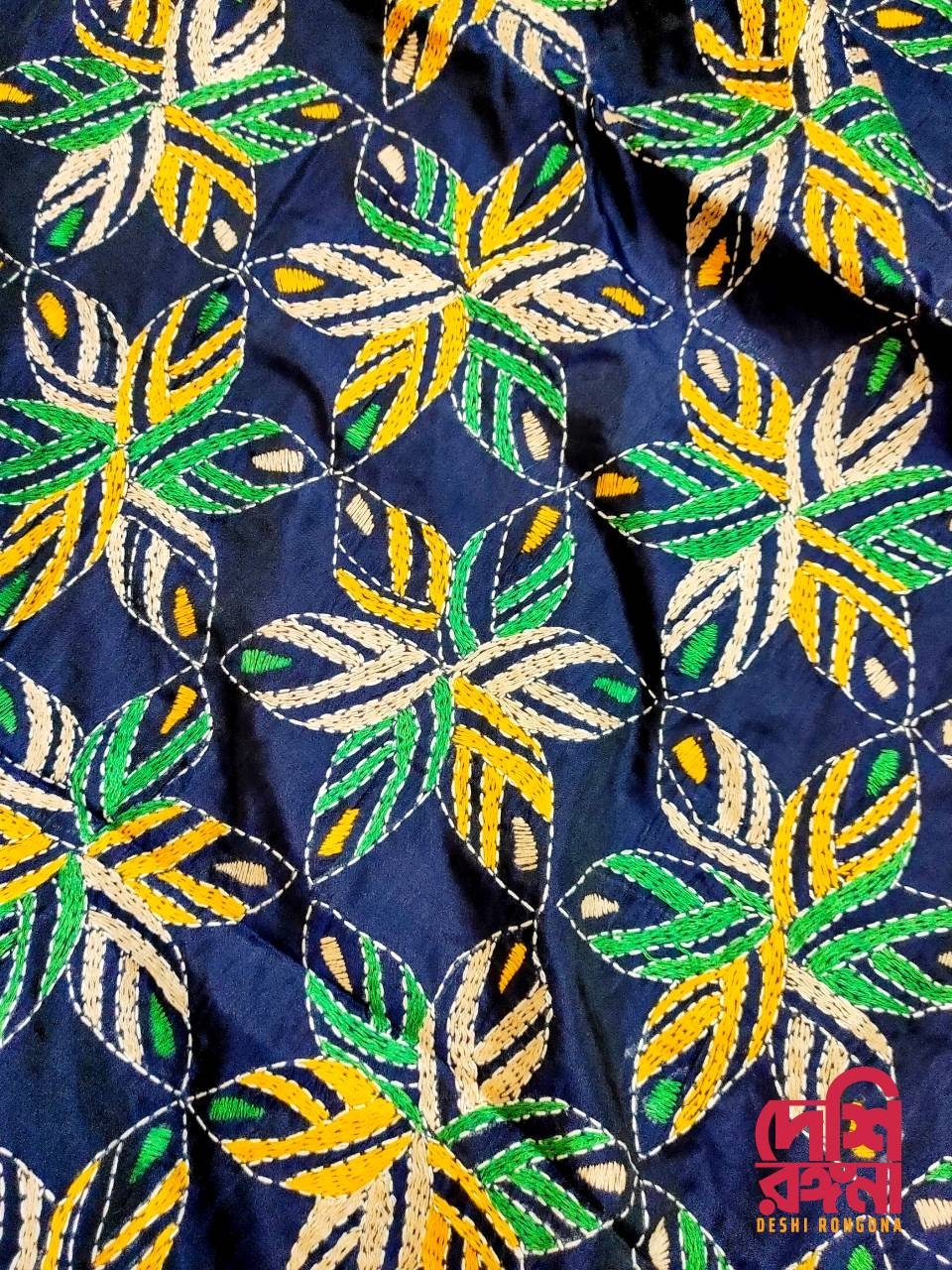Exclusive Hand Stiched Kantha Saree, Navy Blue Bangalore Silk with Green/Yellow/Beige Contrast Kantha Stitch Works, Elegant, Classy Saree