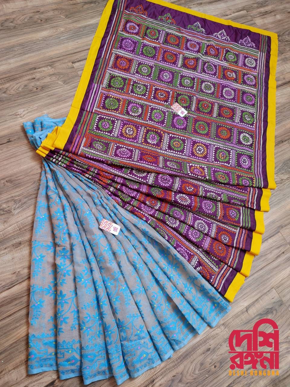 Extraordinary Hand Stiched Jam-Kantha Saree, half and half Contrast, Burgundy Bangalore Silk Kantha and blue Indian Jamdani, Elegant Saree