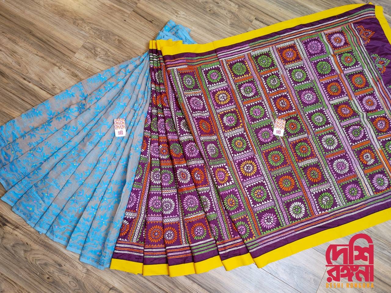 Extraordinary Hand Stiched Jam-Kantha Saree, half and half Contrast, Burgundy Bangalore Silk Kantha and blue Indian Jamdani, Elegant Saree